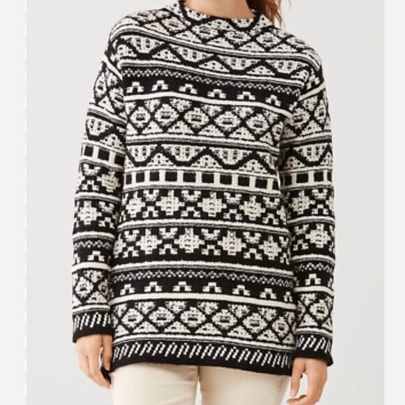 J. Jill EUC black white nordic geometric print mock neck wool blend sweater - Picture 3 of 8